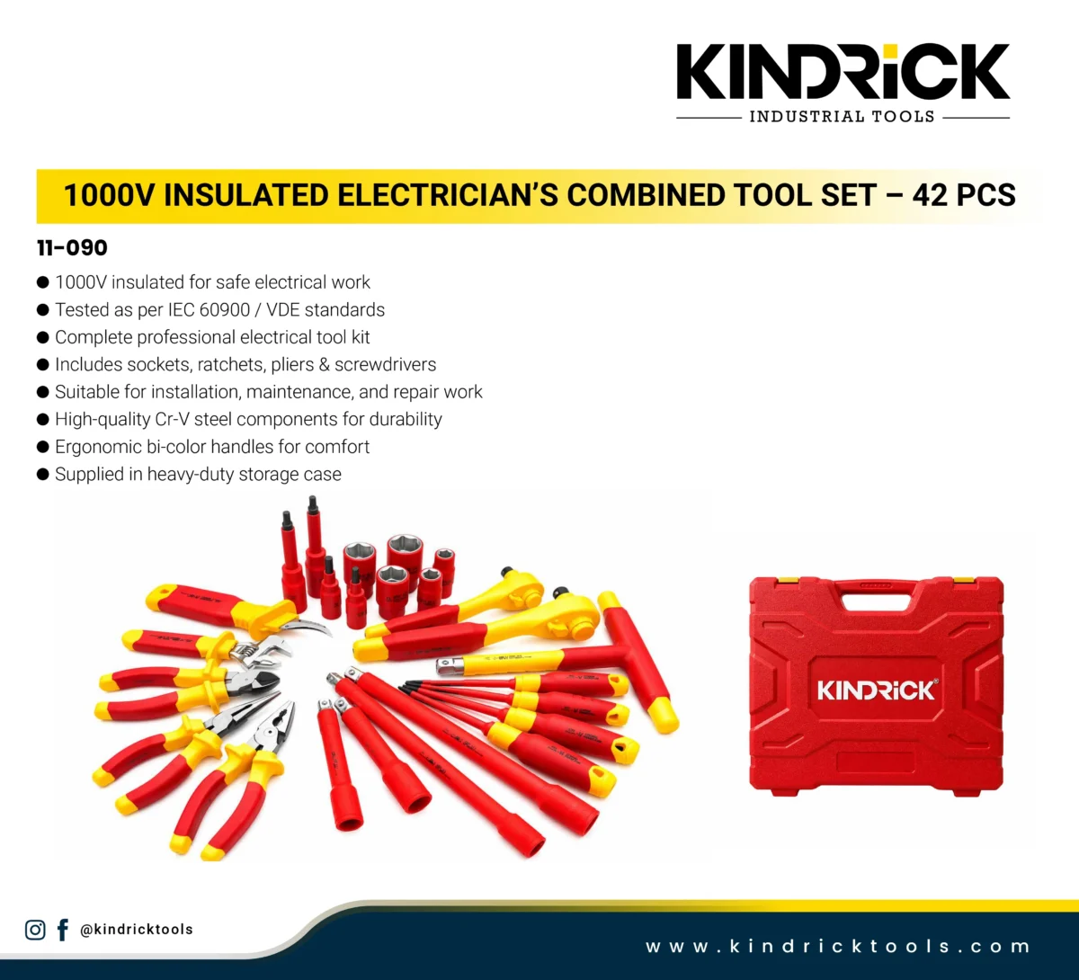 1-090 1000V insulated for safe electrical work Tested as per IEC 60900 / VDE standards Complete professional electrical tool kit Includes sockets, ratchets, pliers & screwdrivers Suitable for installation, maintenance, and repair work High-quality Cr-V steel components for durability Ergonomic bi-color handles for comfort Supplied in heavy-duty storage case Supplier in Dubai